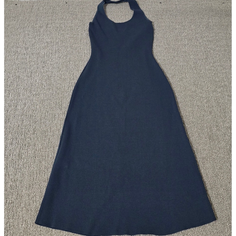 Zara Womens Knit Halter Midi Dress Navy Blue Ribbed Scoop Neck Size Small